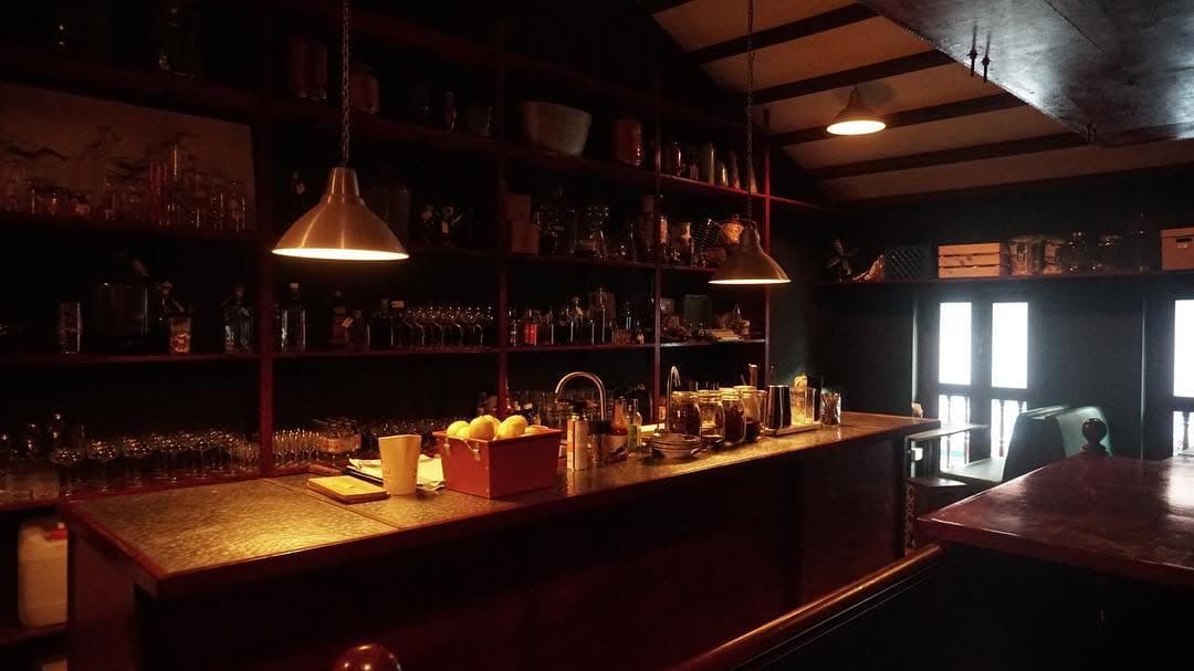 Moody apothecary-style bar interior with hanging pendant lamps at Oriental Elixir