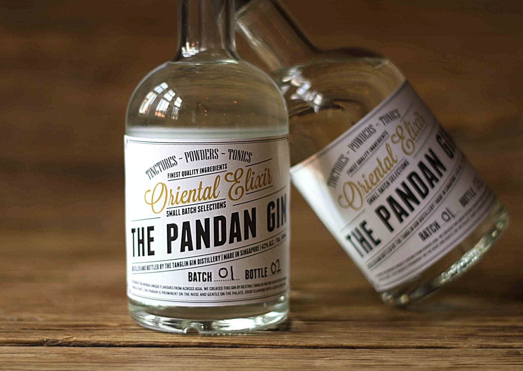 Oriental Elixir Pandan Gin bottles labelled with the Tanglin Gin Distillery