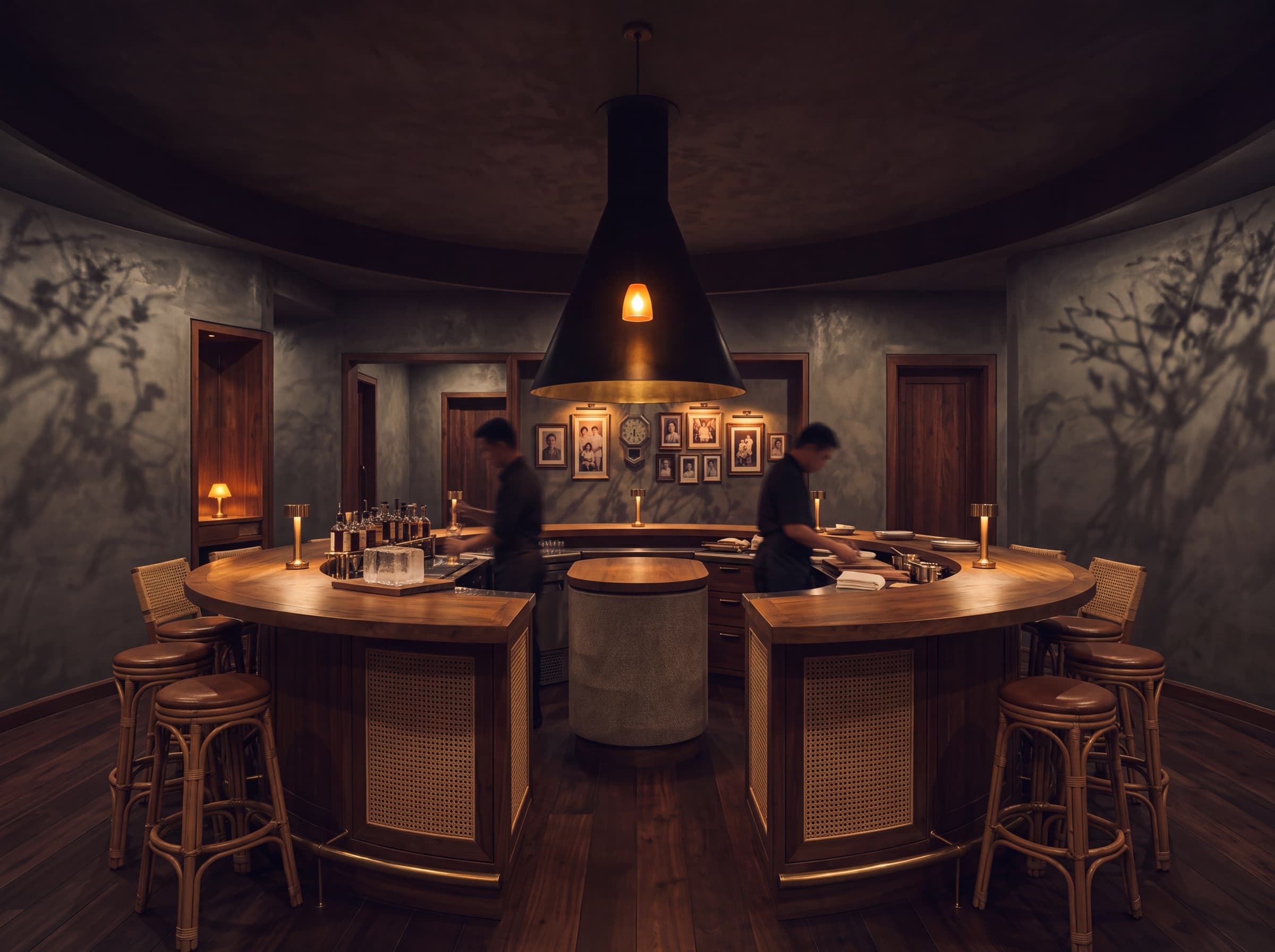 Circular bar with vintage family portraits inside the Salaya concept