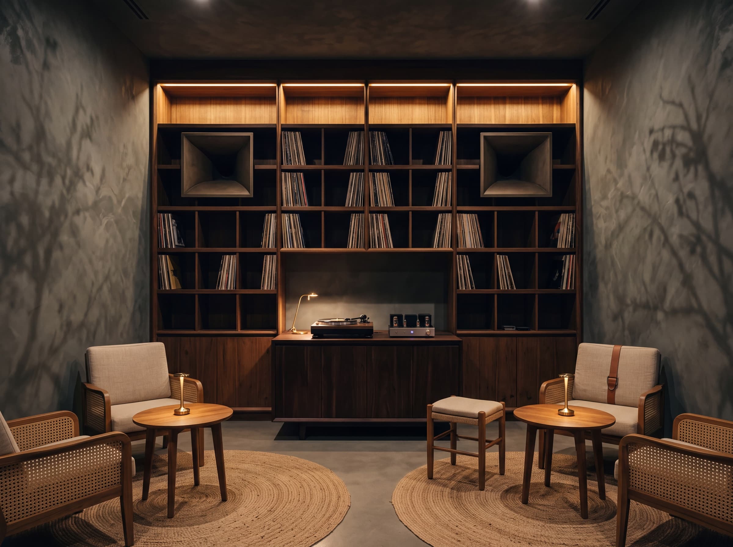 Vinyl library wall, horn speakers and turntable console inside the Salaya listening room concept